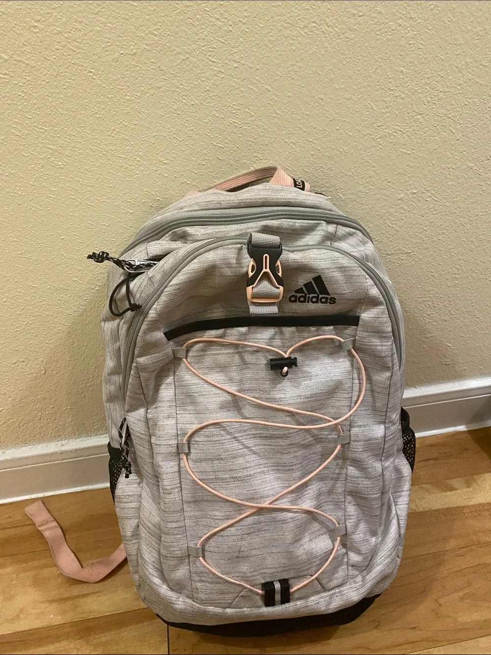 adidas Heather Gray Backpack with Pale Pink Accents